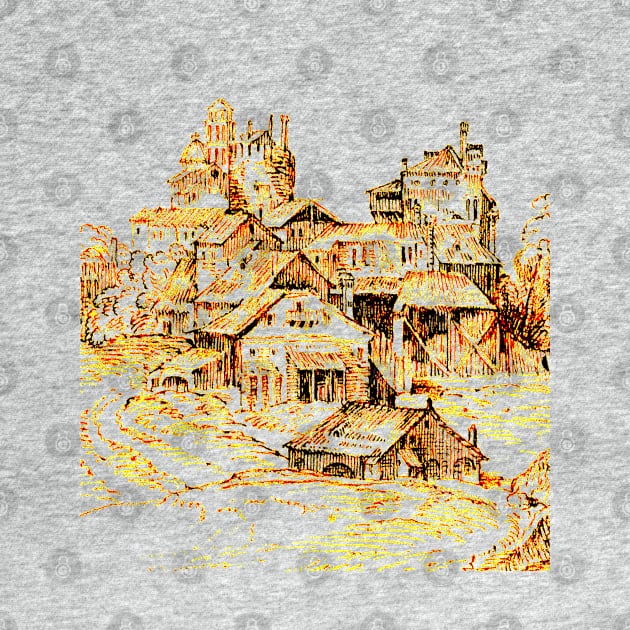 Old World Town at Sunset Outline Art by Mazz M